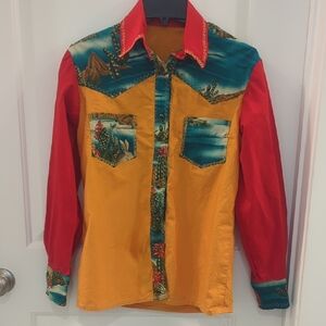 Colorful Country Western Cowgirl Women's Home Sewn Snap Up Long Sleeve Shirt